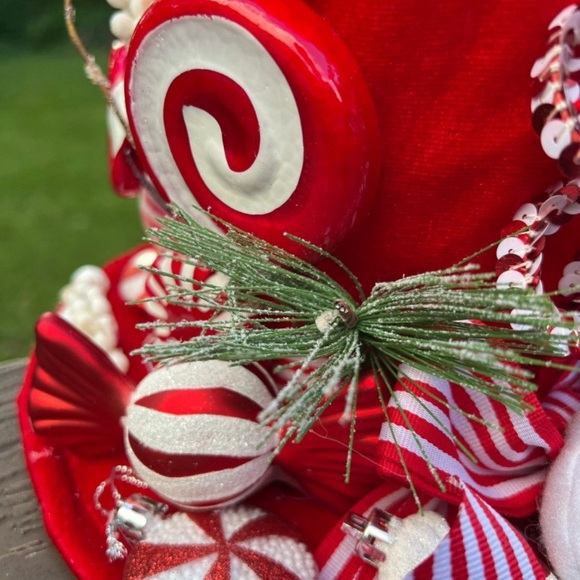 Red Candy Cane Candyland Peppermint Top Hat Decoration Christmas Tree Topper - Picture 5 of 8